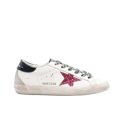 Golden Goose Super Star White Rose Glitter Star and Black tab heel Sneakers