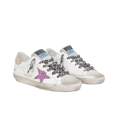 Golden Goose Super Star White Purple Star and Gold tab heel Sneakers