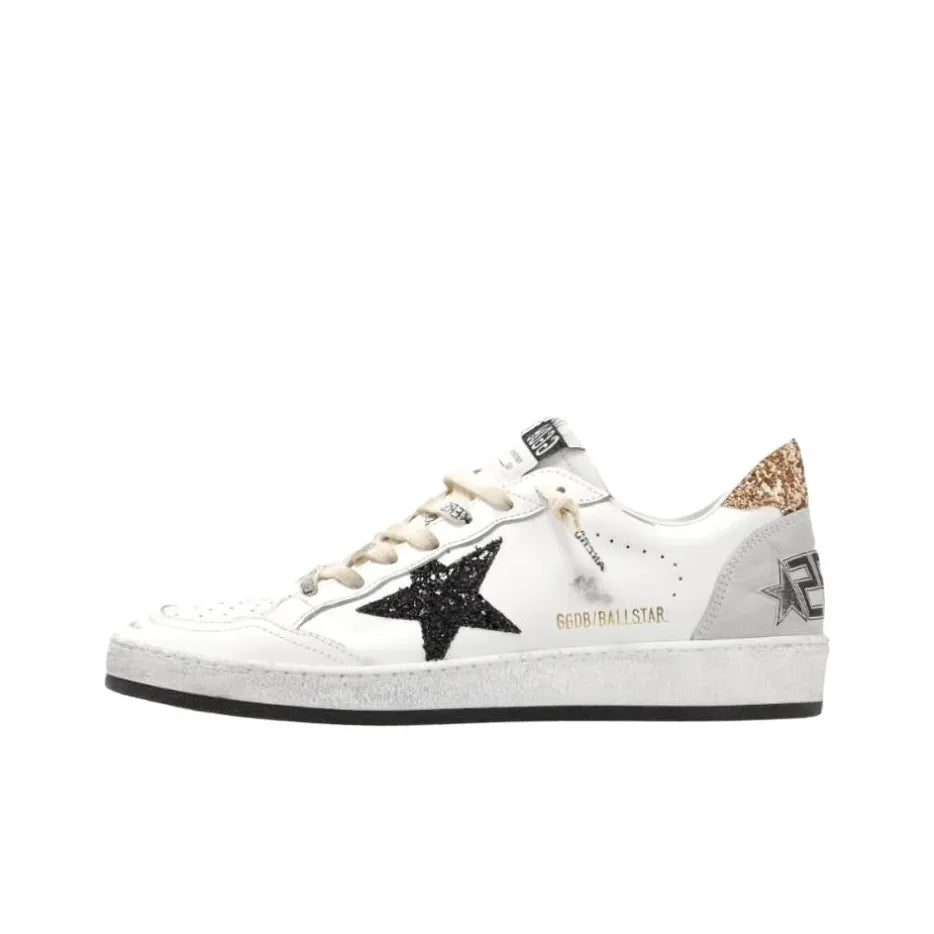 Golden Goose Ball Star White Black Glilter Star and Gold Glitter tab heel Sneakers