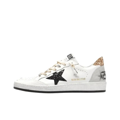 Golden Goose Ball Star White Black Glilter Star and Gold Glitter tab heel Sneakers