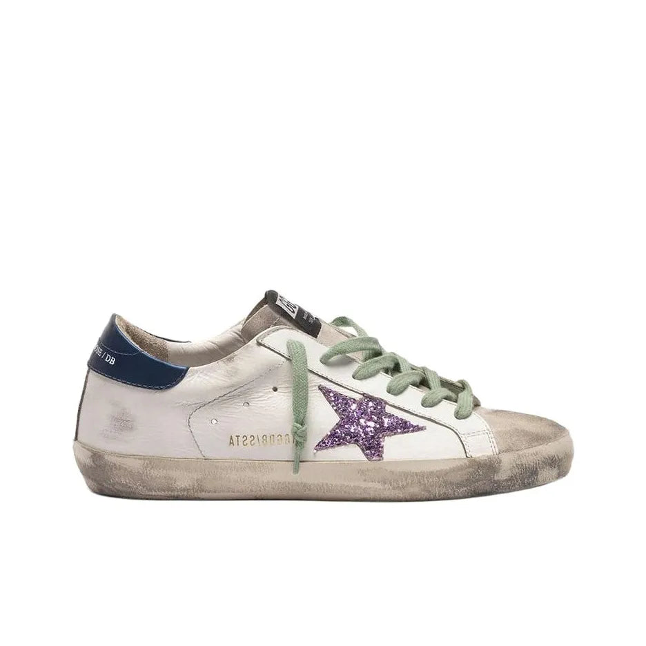 Golden Goose Super Star White Purple Glitter Star Navy tab heel Sneakers