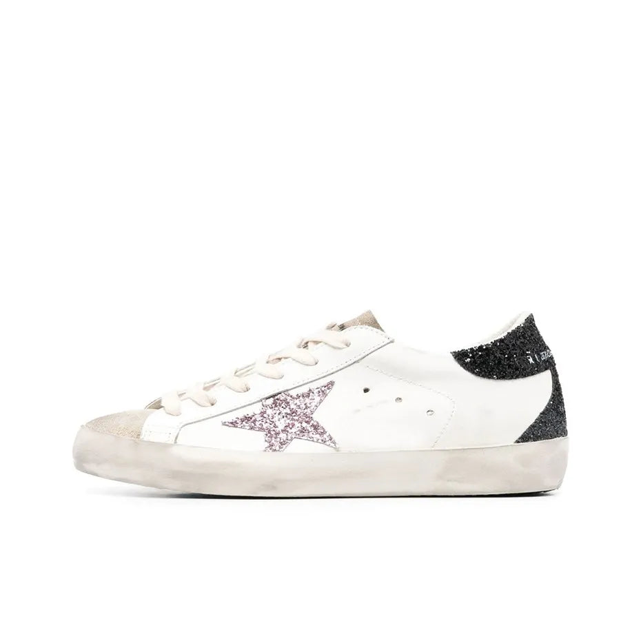 Golden Goose Super Star White Rose Glitter Star and Black Glitter tab heel Sneakers