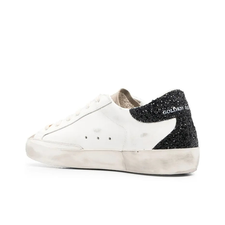 Golden Goose Super Star White Rose Glitter Star and Black Glitter tab heel Sneakers
