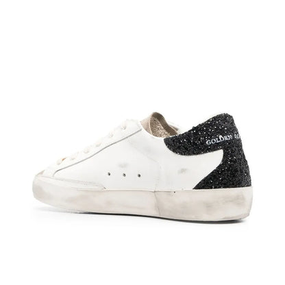 Golden Goose Super Star White Rose Glitter Star and Black Glitter tab heel Sneakers