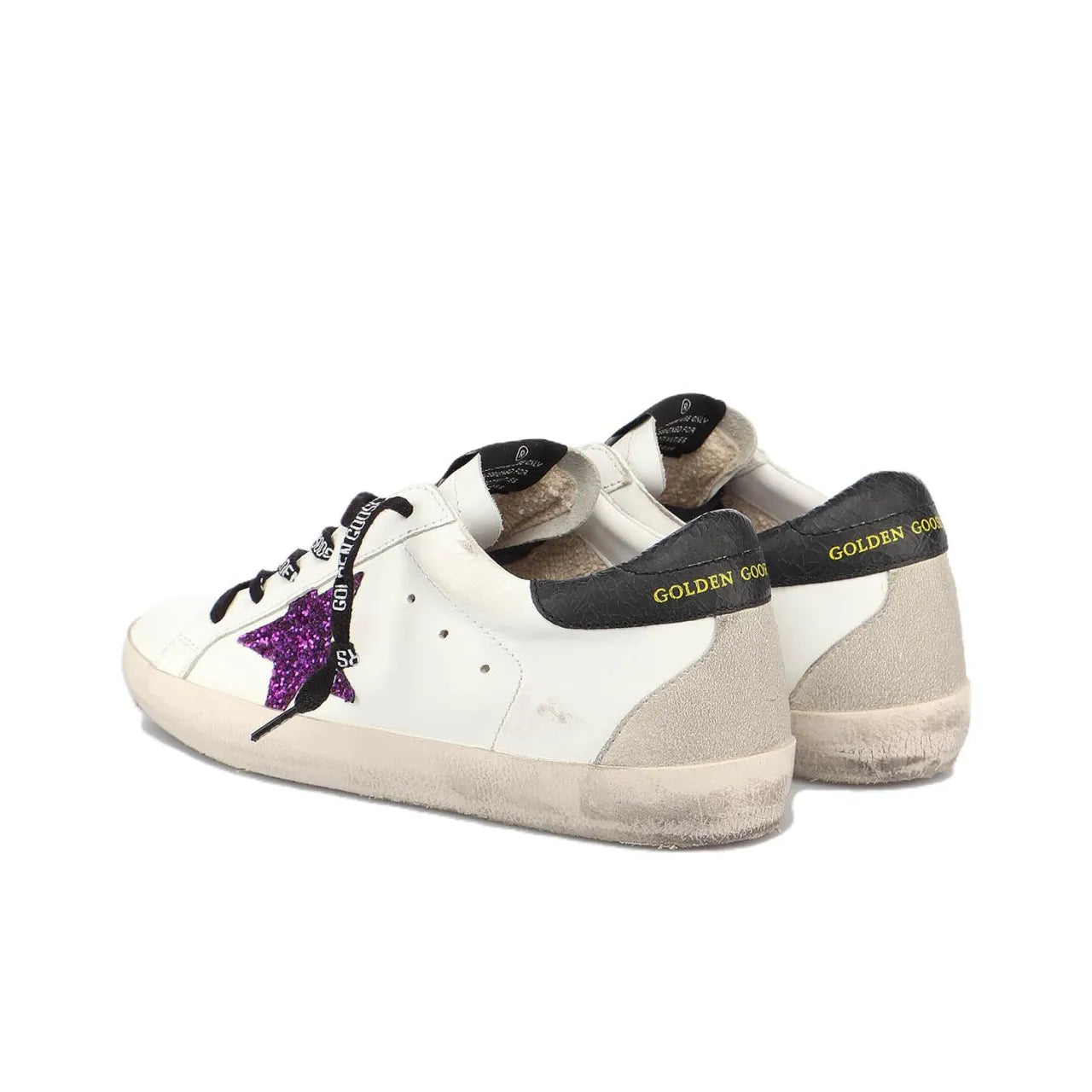 Golden Goose Super Star White Purple Glitter Star and Black tab heel Sneakers