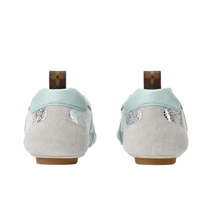 Louis Vuitton LV Sneakerina Silver featuring cracked metallic lambskin with pastel-colored