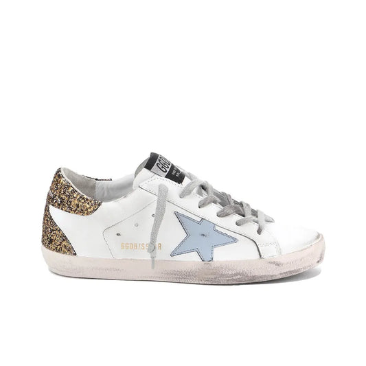 Golden Goose Super Star Nappa Blue Star and Gold Glitter tab heel Sneakers