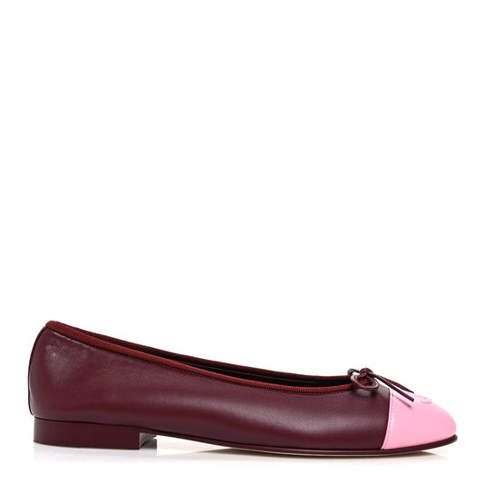 CHANEL Lambskin Cap Toe CC Burgundy Pink Ballerina Flats