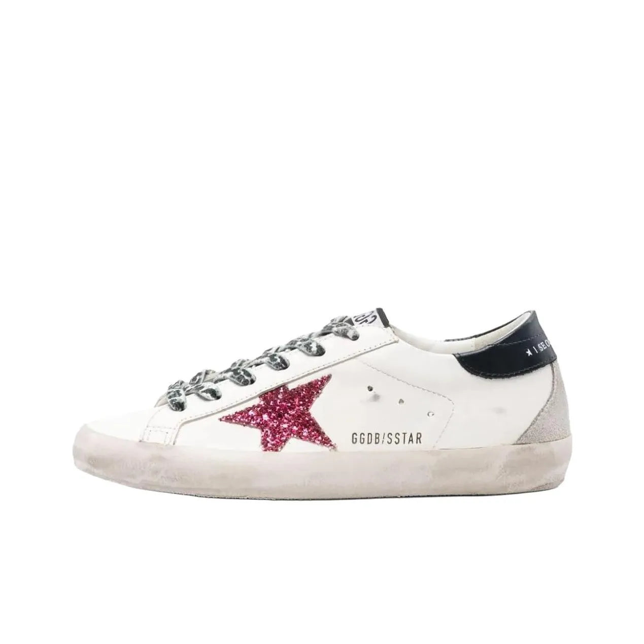 Golden Goose Super Star White Rose Glitter Star and Black tab heel Sneakers