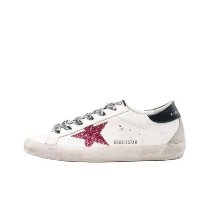 Golden Goose Super Star White Rose Glitter Star and Black tab heel Sneakers