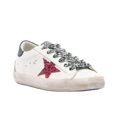 Golden Goose Super Star White Rose Glitter Star and Black tab heel Sneakers