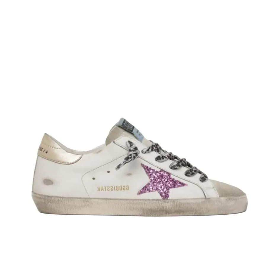 Golden Goose Super Star White Purple Star and Gold tab heel Sneakers
