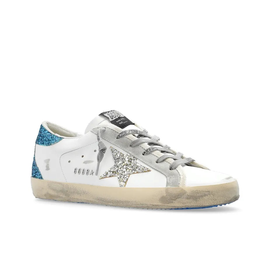 Golden Goose Super White Silver Snakeskin Star and Turquoise tab heel Sneakers