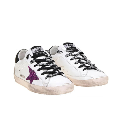 Golden Goose Super Star White Purple Glitter Star and Black tab heel Sneakers