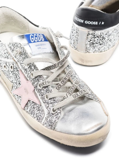 Golden Goose Super-Star sliver glitter pink star and black heel tab