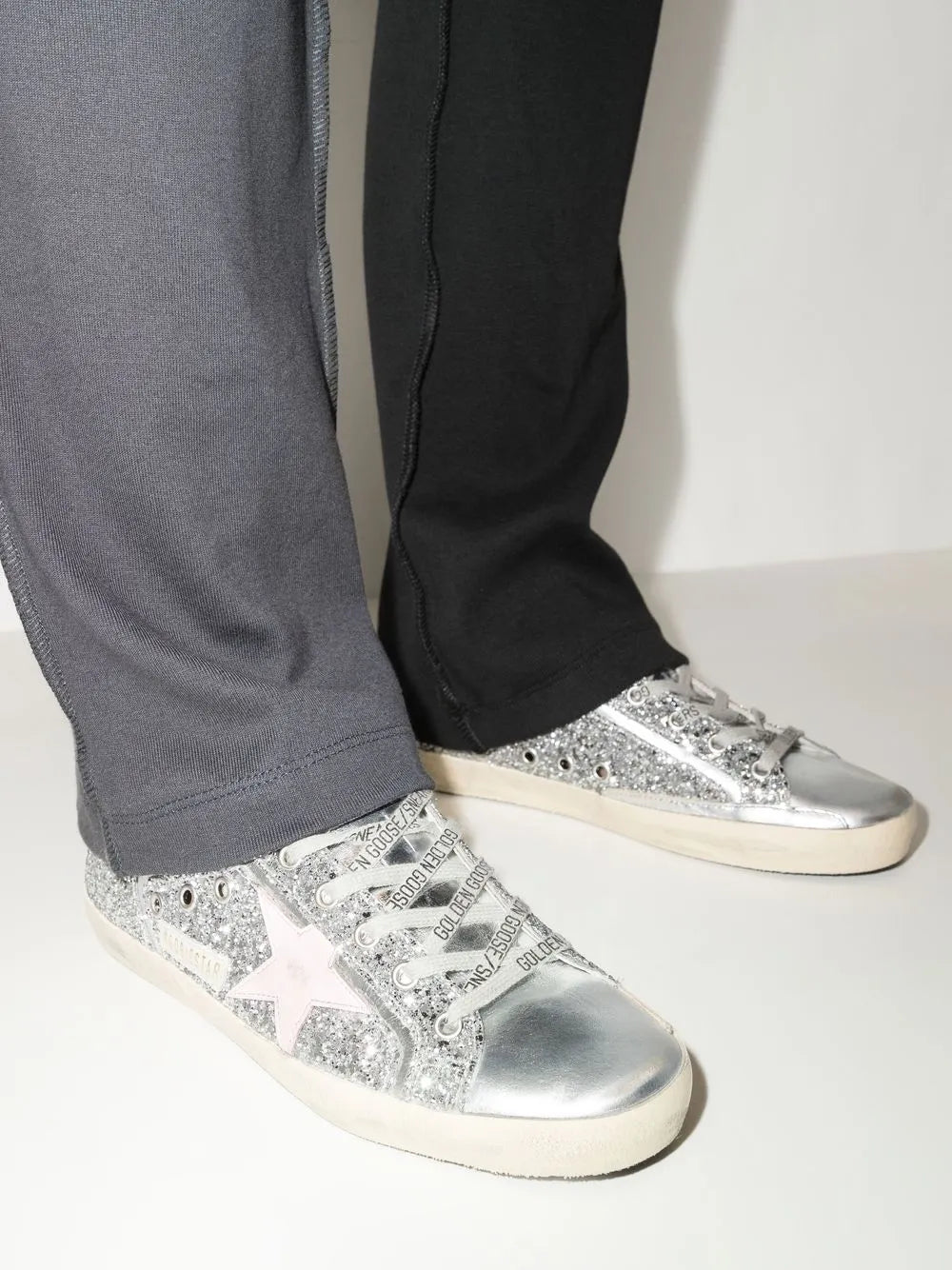 Golden Goose Super-Star sliver glitter pink star and black heel tab