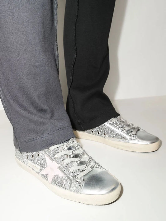Golden Goose Super-Star sliver glitter pink star and black heel tab