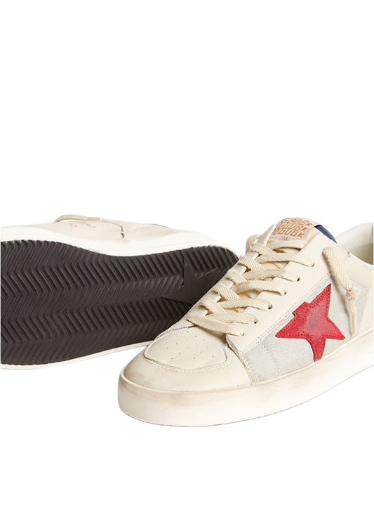 Golden Goose Stardan Leather Sneakers in an ivory white red and blue