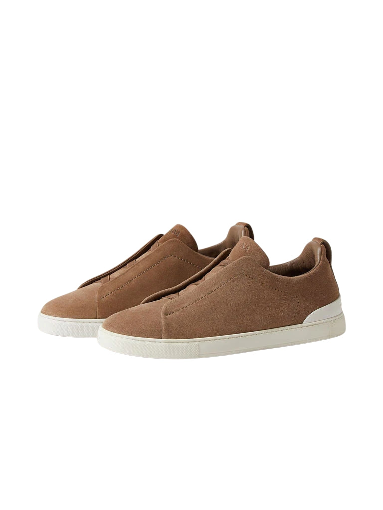 Zegna Dark Beige Suede Triple Stitch Sneakers