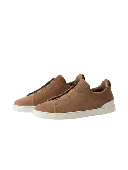 Zegna Dark Beige Suede Triple Stitch Sneakers