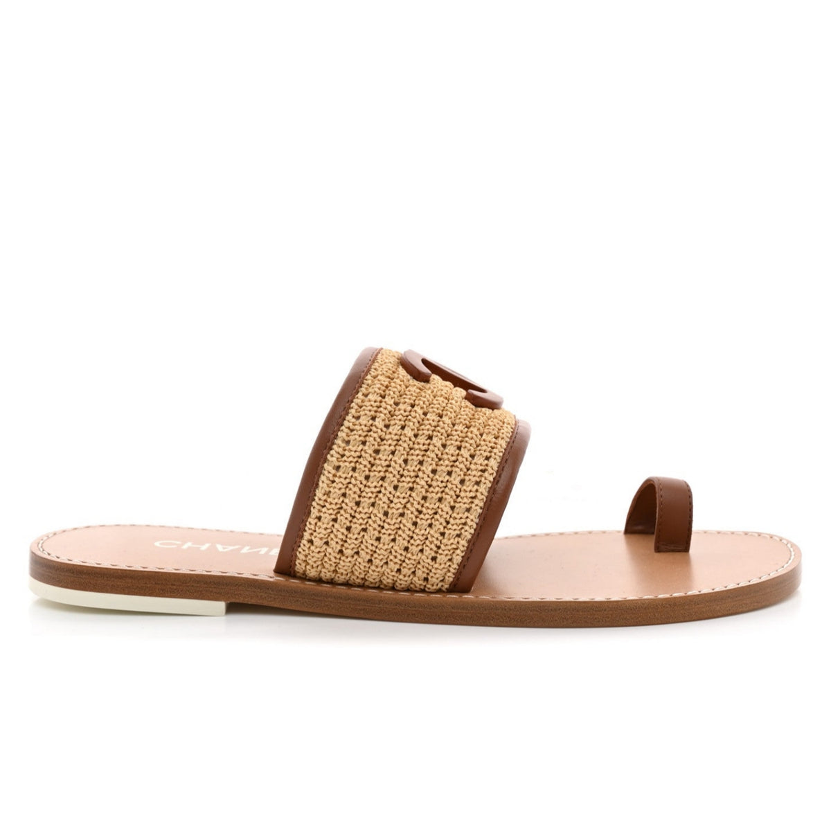 Chanel Raffia Lambskin CC Mules Beige Brown
