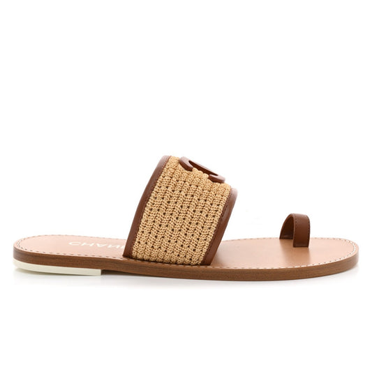Chanel Raffia Lambskin CC Mules Beige Brown