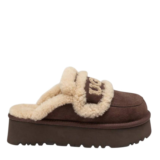 UGG Violet Slipper chocolate brown with a branded strap and thick lug platform sole
