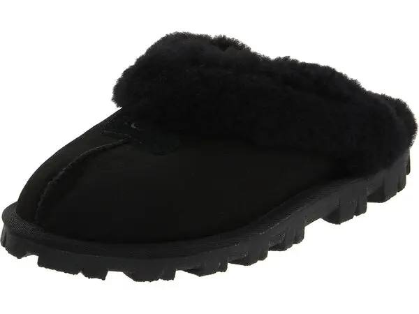 UGG Coquette Slipper black featuring a sheepskin collar and a durable rubber