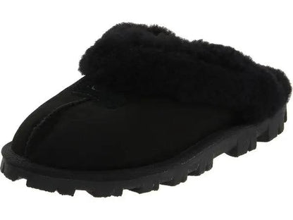 UGG Coquette Slipper black featuring a sheepskin collar and a durable rubber