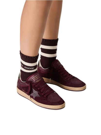 Golden Goose Ball Star in burgundy suede with crystal star and metallic leather heel tab