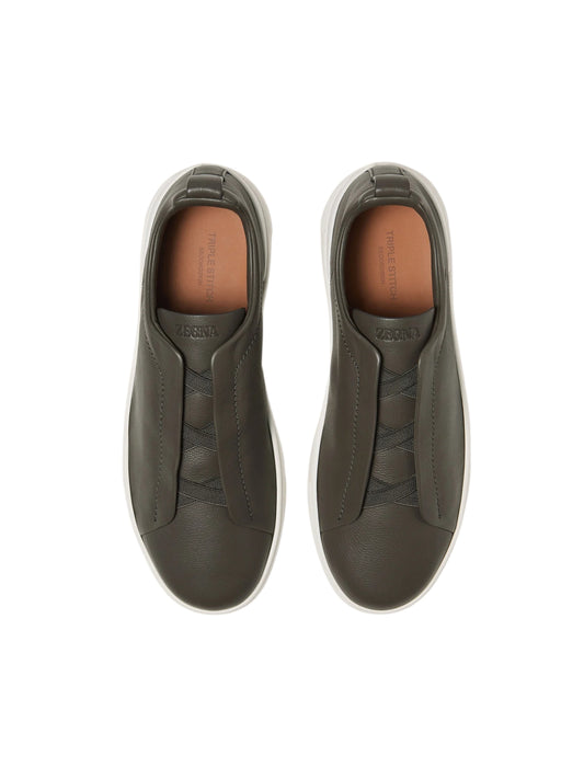 Zegna Dark Taupe olive leather Triple Stitch SECONDSKIN Sneakers