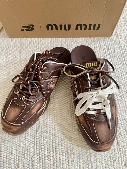 Miu Miu x New Balance 530 SL Slip-On Mule in a brown white