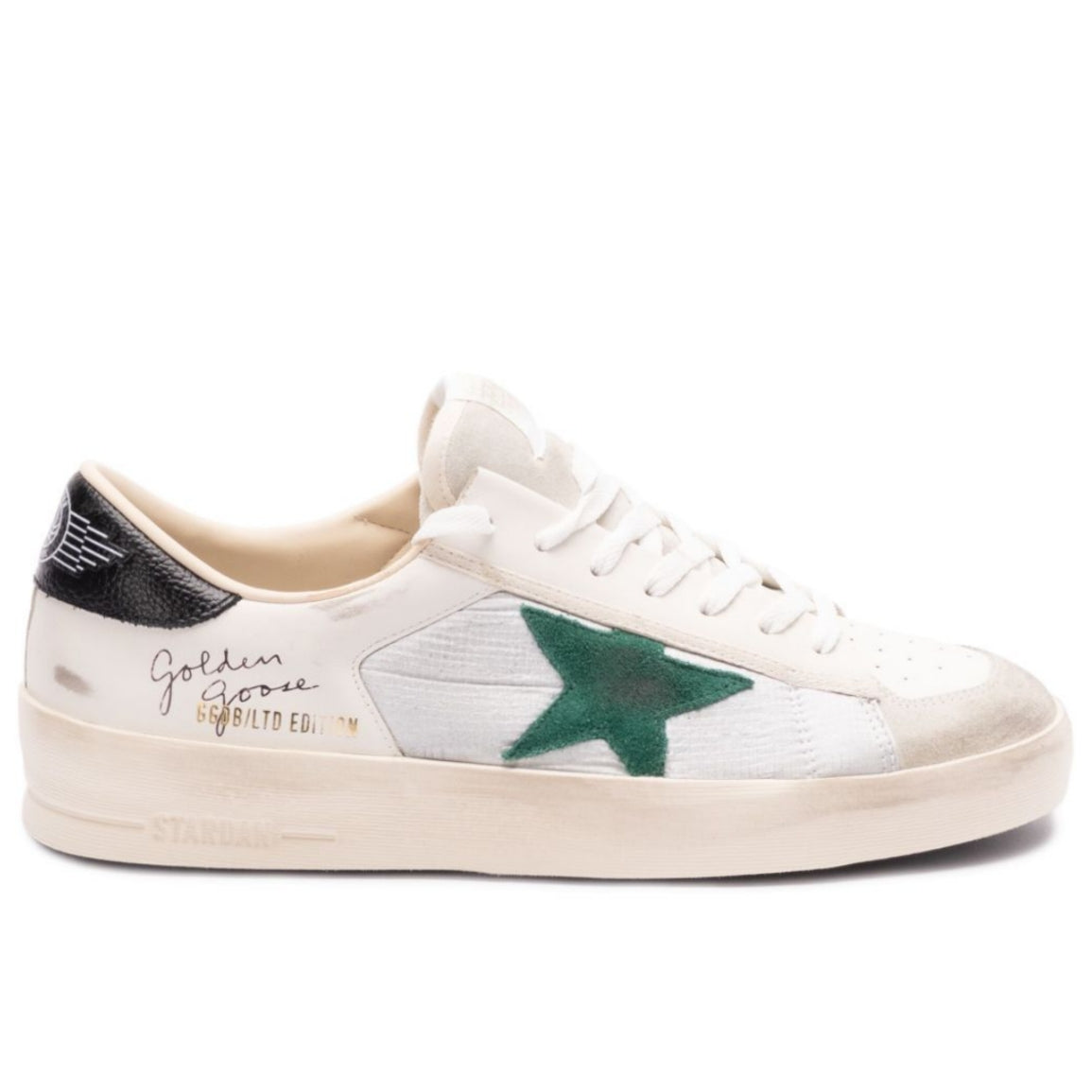 Golden Goose Stardan white leather and mesh upper green suede star black heel tab with wing branding