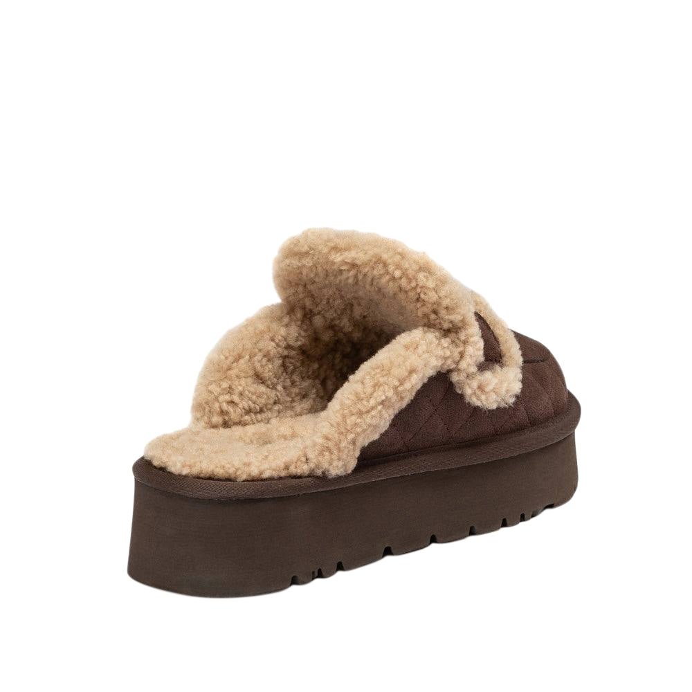 UGG Violet Slipper chocolate brown with a branded strap and thick lug platform sole