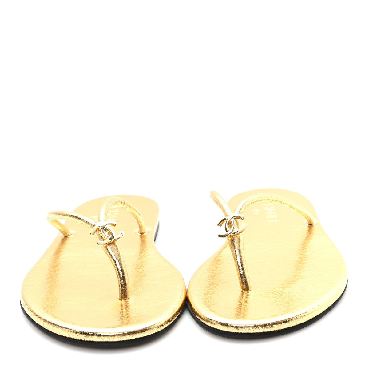 Chanel Interlocking CC Logo Flip Flops in gold leather