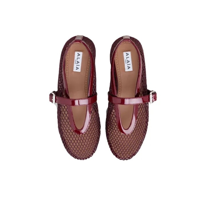 Alaia Fishnet Ballet Flats Burgundy in Crystal Mesh