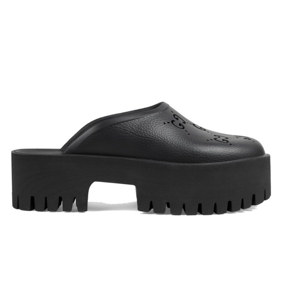 Gucci Platform Perforated G Sandal in black rubber