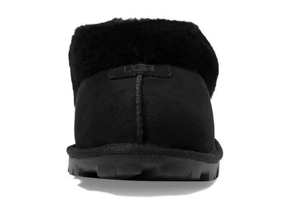 UGG Coquette Slipper black featuring a sheepskin collar and a durable rubber
