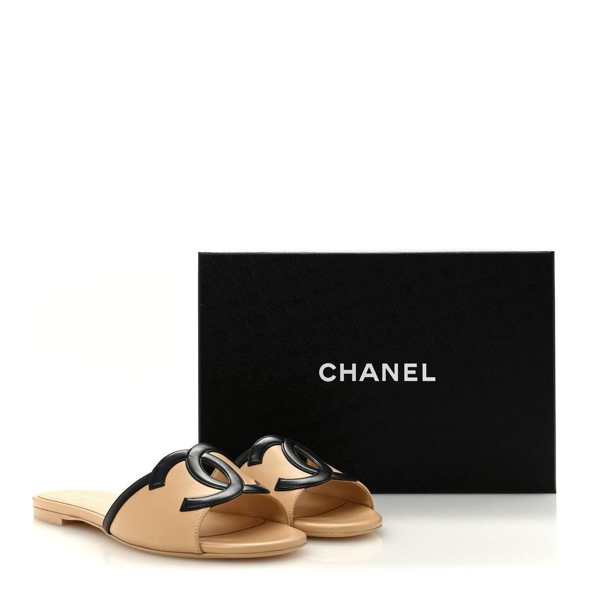 Chanel Lambskin CC Cutout Sandal Mules Beige Black