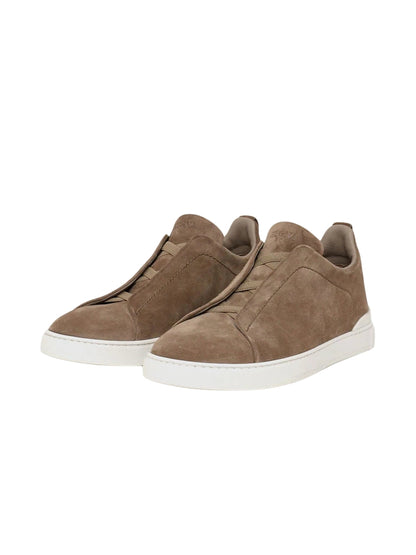 Zegna Dark Beige Suede Triple Stitch Sneakers