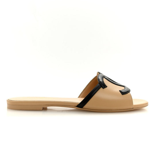 Chanel Lambskin CC Cutout Sandal Mules Beige Black