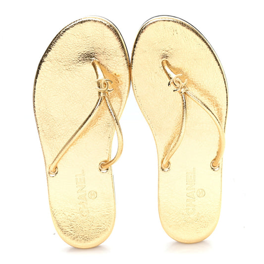 Chanel Interlocking CC Logo Flip Flops in gold leather