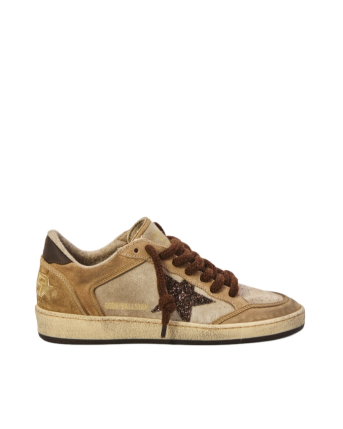 Golden Goose Ball Star Beige suede upper with a dark brown leather heel tab and glitter star