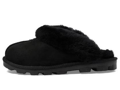 UGG Coquette Slipper black featuring a sheepskin collar and a durable rubber