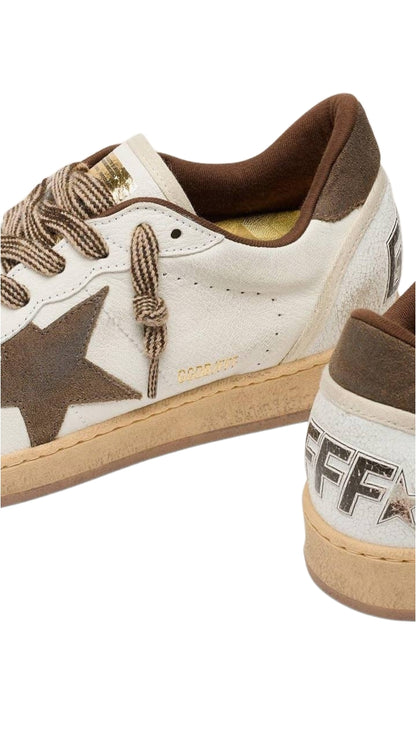 Golden Goose Ball Star low-top retro sneaker in a cream white and bronze metallic signature star