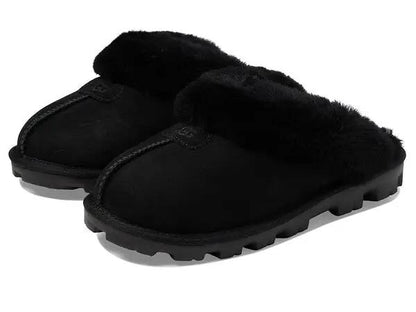 UGG Coquette Slipper black featuring a sheepskin collar and a durable rubber