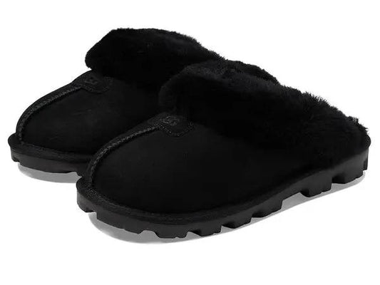 UGG Coquette Slipper black featuring a sheepskin collar and a durable rubber