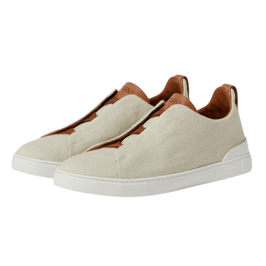 Zegna Triple Stitch Sneakers in dust white cotton linen and leather