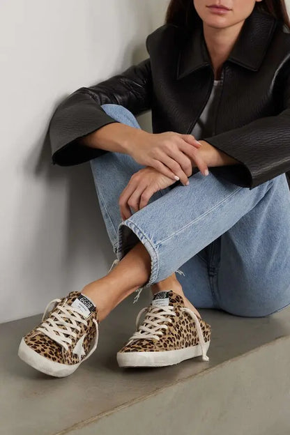 Golden Goose Super-Star Sabot distressed leopard print calf hair Distressed offwhite rubber sole cream cotton
