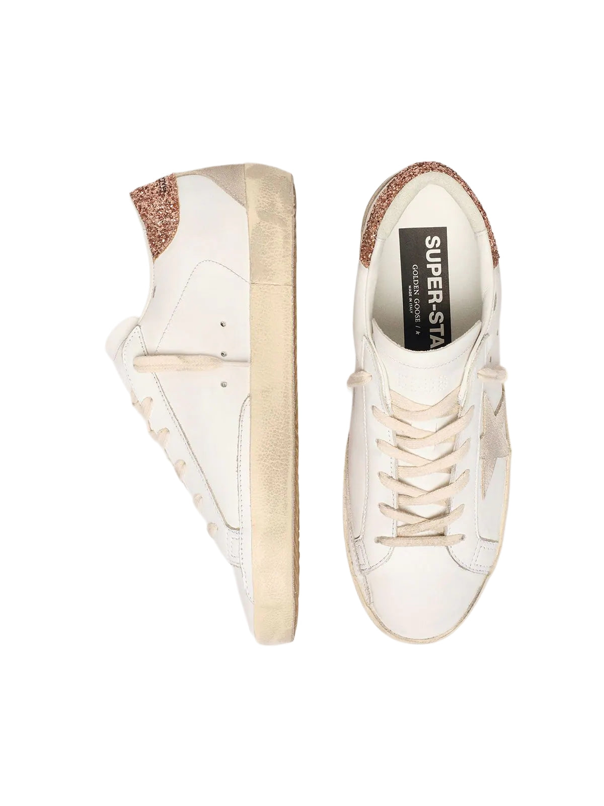 Golden Goose Super-Star with a suede star and peach-pink glitter heel tab